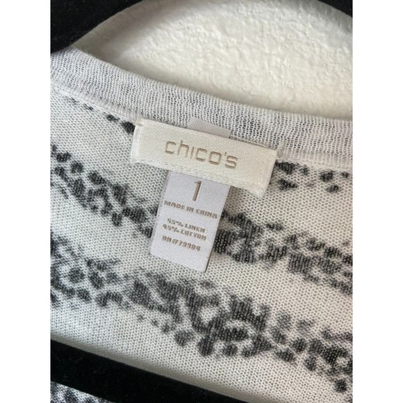 Chico's‎ women's 1 medium black white red patterned linen blend open cardigan - Picture 2 of 4